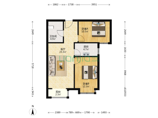 中建和悦国际嘎嘎新的房子现代简约精装基本未住两居室-户型图