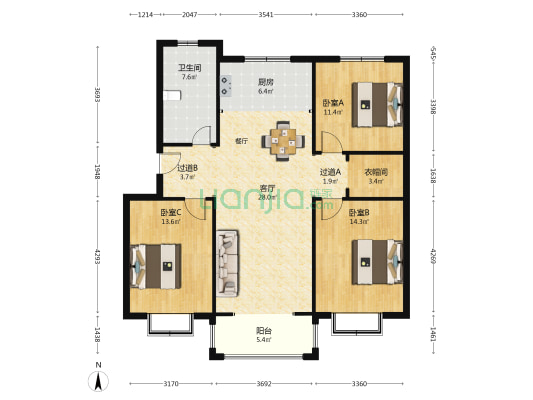 龙景佳苑 3室1厅1卫 121平方