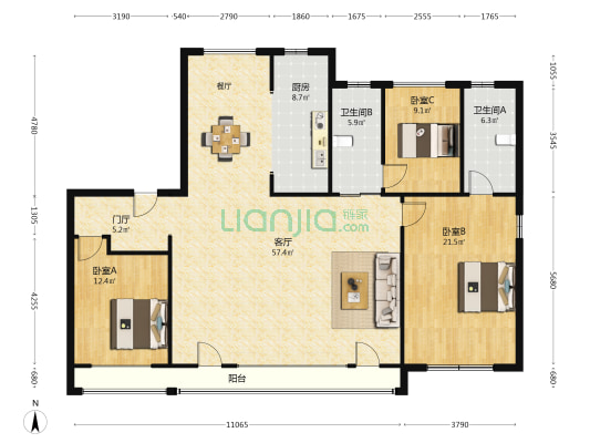 融创东山府三区 3室1厅2卫 166平方