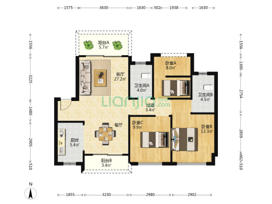 时光樾星锦苑 3室1厅2卫 97平方