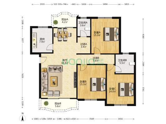北海市中级人民法院宿舍 3室1厅2卫 132平方