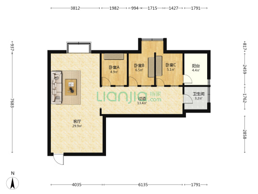 天嘉大厦 3室1厅1卫 90平方