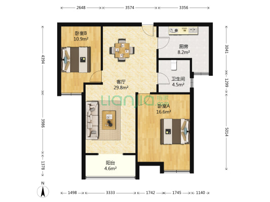华美达广场 2室1厅1卫 89平方