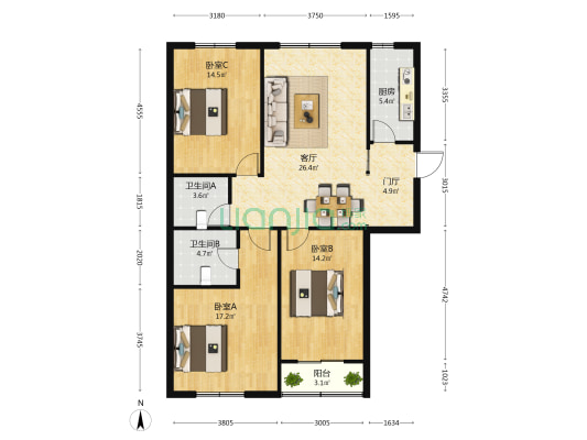 锦祥嘉苑 3室1厅2卫 139平方