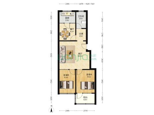九龍山村小區 2室2厅1卫 73平方
