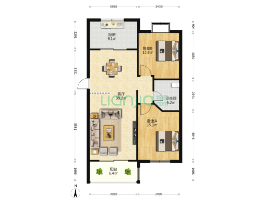 城市花园 2室1厅1卫 102平方