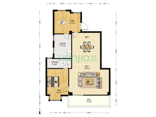 左海帝景 2室1厅2卫 130平方