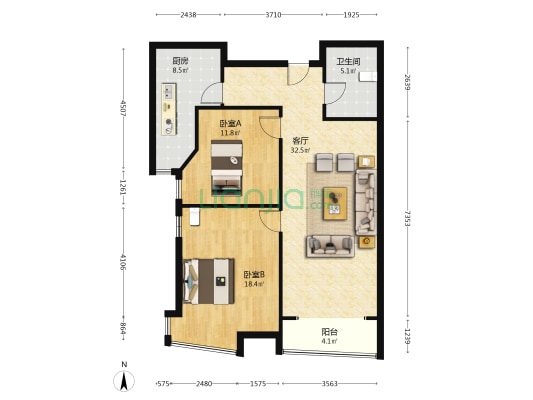 涿州开发区御景园全南两居室采光好省燃气费-户型图