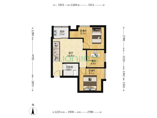 鸳鸯住家三房，中间楼层，生活方便-户型图