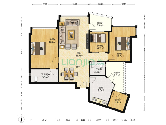 广州雅居乐花园天域锦园 3室1厅2卫 125平方