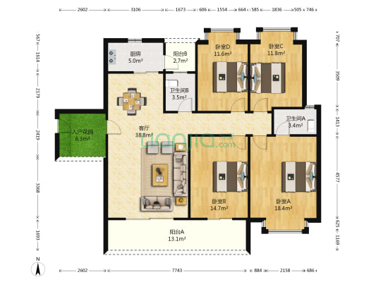 锦安花园 4室1厅2卫 141平方