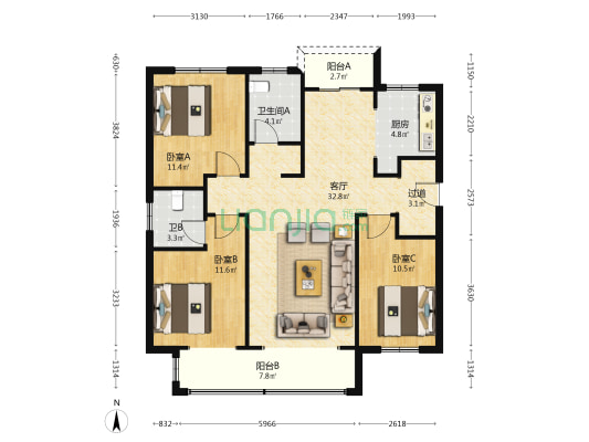 北辰花园南区 3室1厅2卫 127平方