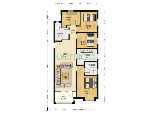 路劲阳光城四期 4室1厅2卫 125平方
