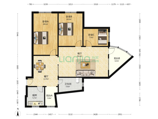 金山中路56号 3室2厅1卫 118平方