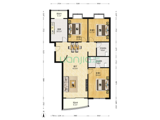 金梦公寓 3室1厅2卫 144平方