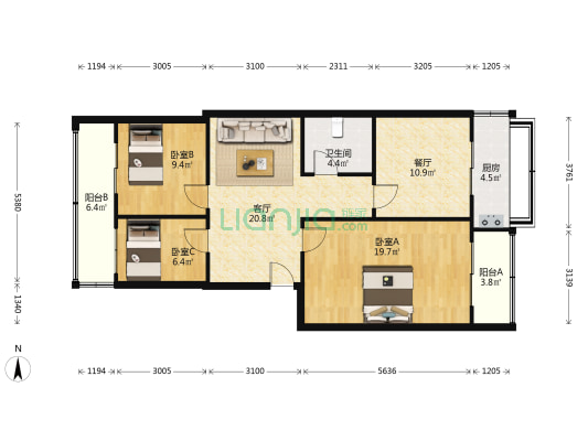 教场巷机械局回迁楼 3室2厅1卫 99平方