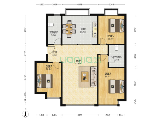祥云国际西区 3室1厅2卫 140平方