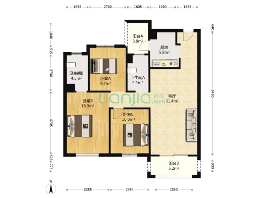 中梁华府 3室1厅2卫 108平方