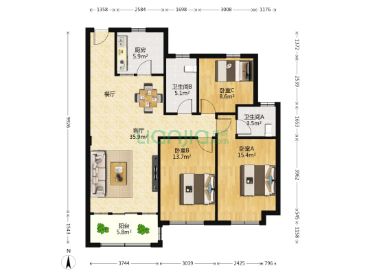 华宇上城 3室1厅2卫 131平方
