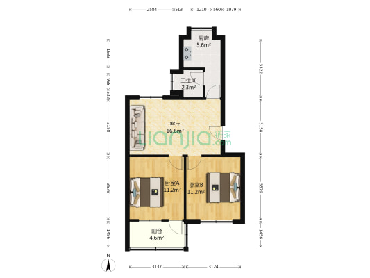 中国农业银行宿舍 2室1厅1卫 65平方