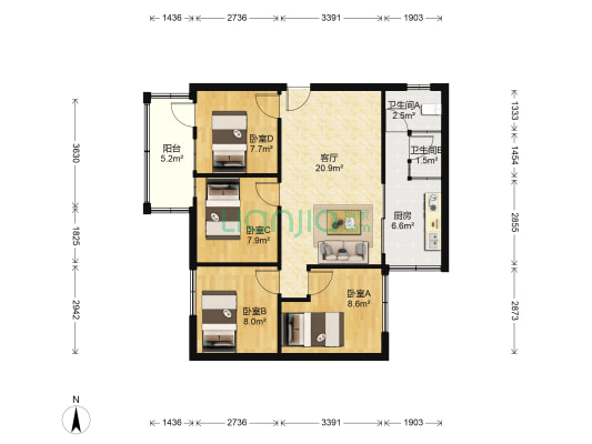 一汽宿舍 4室1厅2卫 85平方