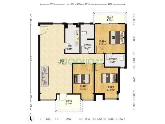 天骄星城翰林院 3室1厅2卫 115平方