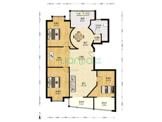 明珠国际西区 4室2厅1卫 148平方