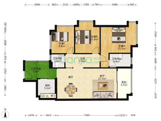 锦园花园 3室1厅2卫 119平方