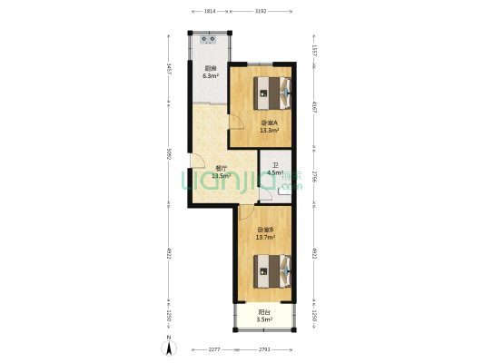 青年宫宿舍 2室1厅1卫 62平方