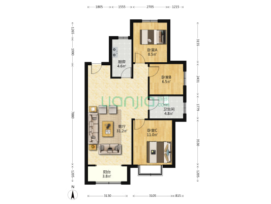 本房子格局不错 南北通透的三居室 全天采光无遮挡-户型图