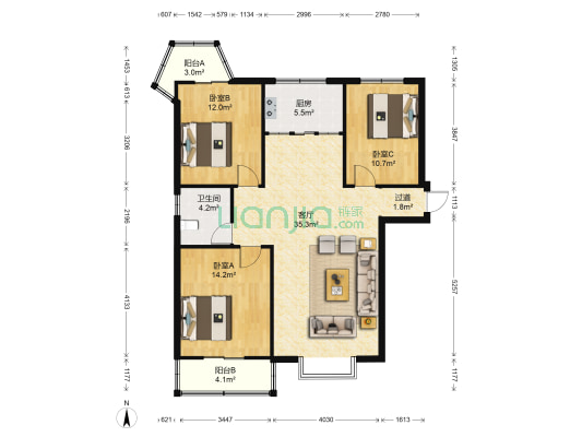 鹏宇天下城 3室1厅1卫 131平方