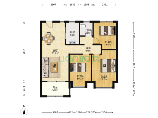 万科高第 3室1厅1卫 103平方