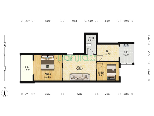 省人民医院东宿舍 2室2厅1卫 68平方