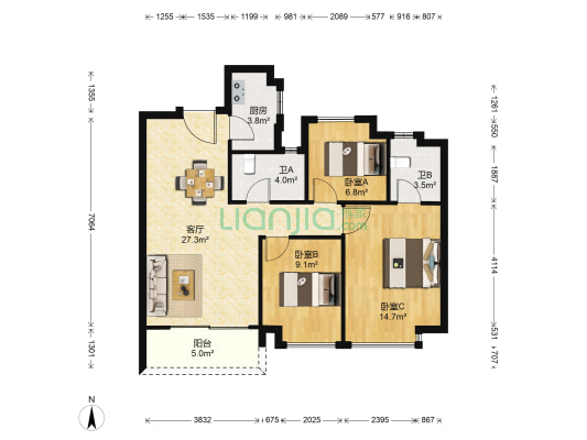 愉景公馆 3室1厅2卫 96平方