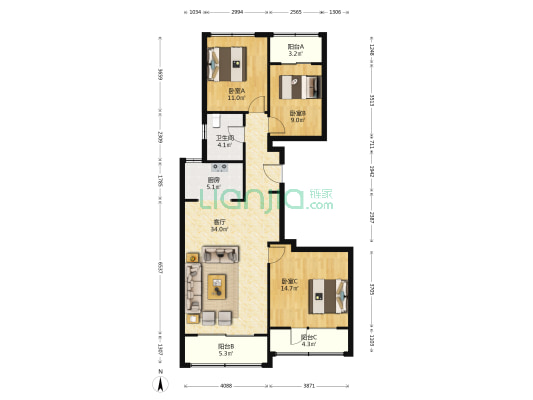 绿城紫薇广场春晓苑 3室1厅1卫 125平方