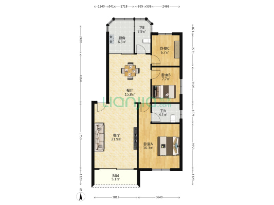 振华房地产宿舍楼 3室2厅2卫 113平方