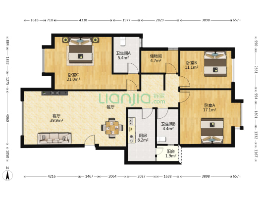 艺术家园区B区 3室1厅2卫 136平方