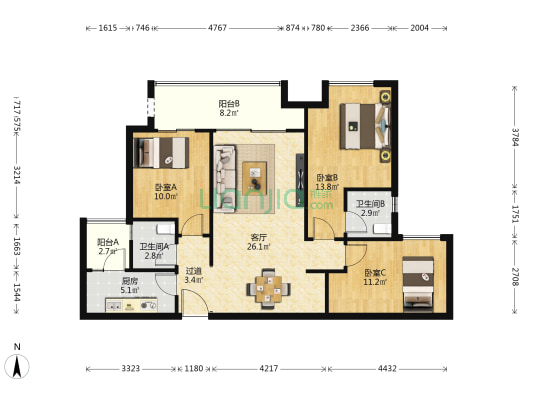 绿地万萃城E组团 3室1厅2卫 110平方