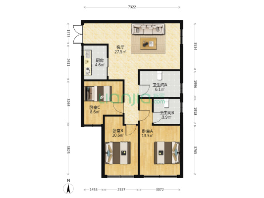 悦新城 3室1厅2卫 109平方