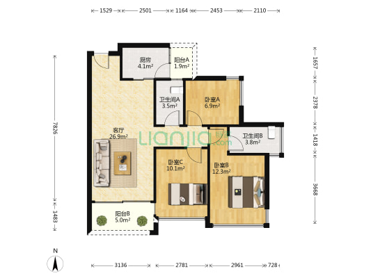 阳光城半山湾 3室1厅2卫 88平方