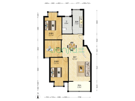 凤东家园 3室1厅1卫 97平方