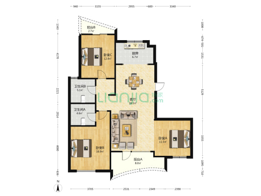 绿城·百合公寓（北区） 3室1厅2卫 143平方