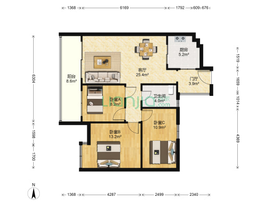 湖畔现代城2区 3室1厅1卫 100平方