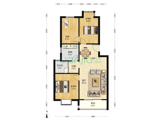 管道西山公寓 3室1厅1卫 91平方