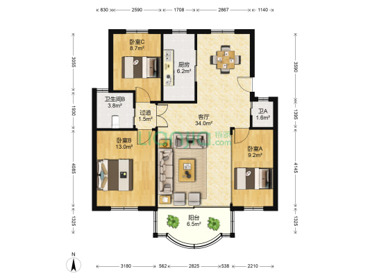 东方名邸 3室1厅2卫 100平方