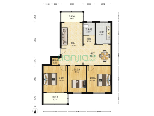 天涯公寓 3室2厅1卫 106平方