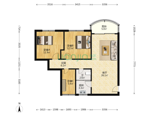 电信宿舍 3室1厅1卫 90平方