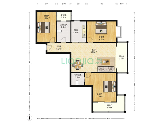 京岘山庄 3室1厅2卫 141平方