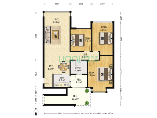 凤岭春天 3室2厅1卫 89平方