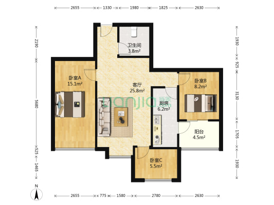 昆明广场 3室1厅1卫 87平方